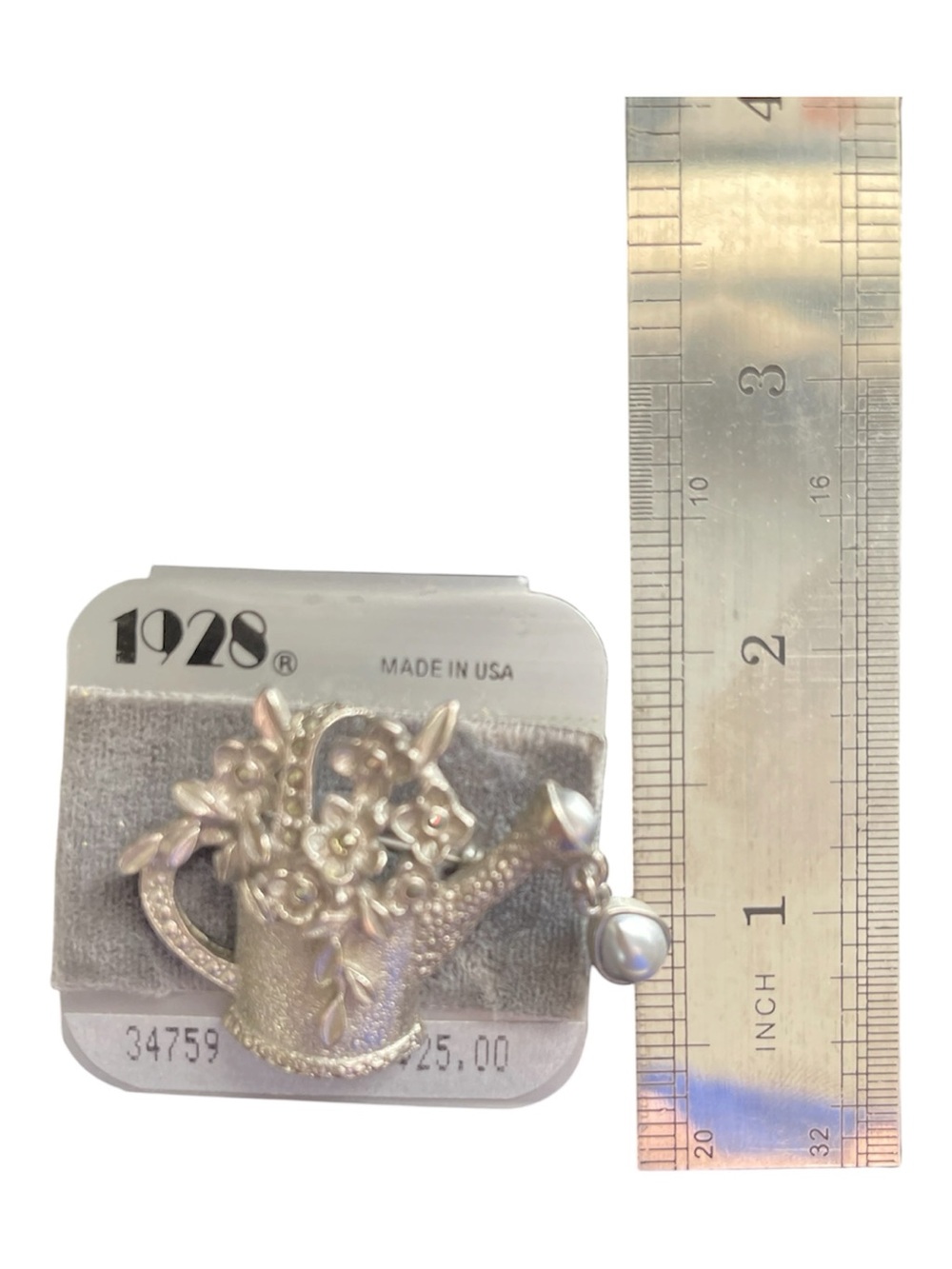 1928 Silver-Tone Watering Can Brooch with Pearl Drop - Picture 2 of 2
